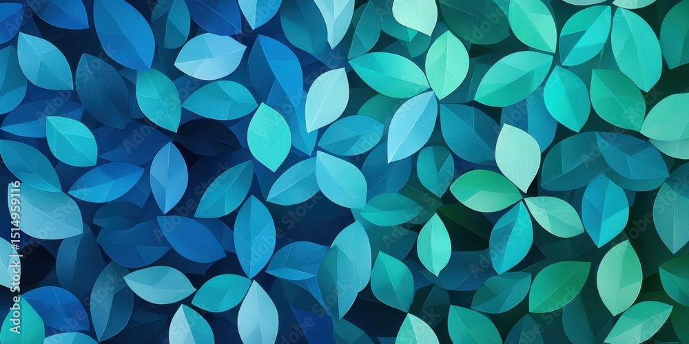 Poster a digital illustration of overlapping blue and green leaves with a gradient background.