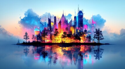 Obraz premium A vibrant, futuristic city skyline, bathed in neon hues, sits on a small island amidst a tranquil body of water, its reflection mirroring the colorful cityscape under a pastel sky. 