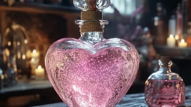 Heart-shaped glass potion bottle filled with pink liquid and bubbles on a wooden table in a cozy room