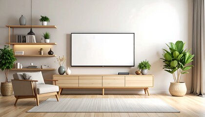 Modern Minimalist Living Room Interior with TV with Plants  Wooden Furniture.