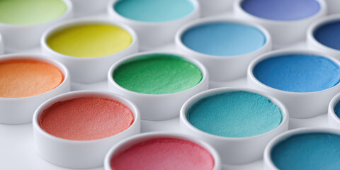 Small round containers filled with various bright colors are arranged in rows. Art supplies, creativity, vivid colors, paint palette