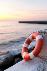 Naklejka premium A lifebuoy with white stripes is attached to a railing by the sea during sunset. Coastal safety and tranquility