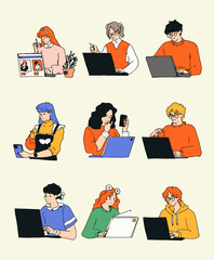 Connected minds: A diverse group of individuals engrossed in the digital world, each connected through their devices, sharing experiences and information, a true reflection of the modern era.