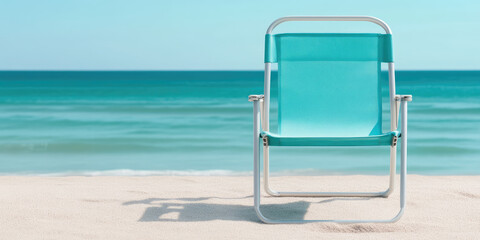 Beach chair placed on sandy shore facing calm turquoise sea under a clear blue sky. Concept: Relaxation, vacation, solitude, seaside, tranquility