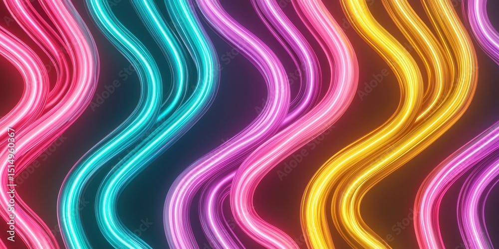 Poster Vibrant neon-colored wavy lines create a dynamic abstract pattern against a dark background.
