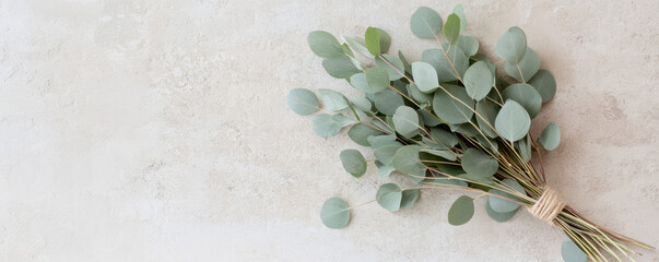 A bundle of eucalyptus branches lies on a textured surface, tied with twine. Concept: nature, simplicity, and calmness
