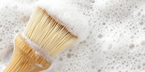 A shaving brush is resting on a bed of fluffy white foam and bubbles. Grooming and cleanliness concept