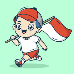 Cute boy character holding the Indonesian flag. green background