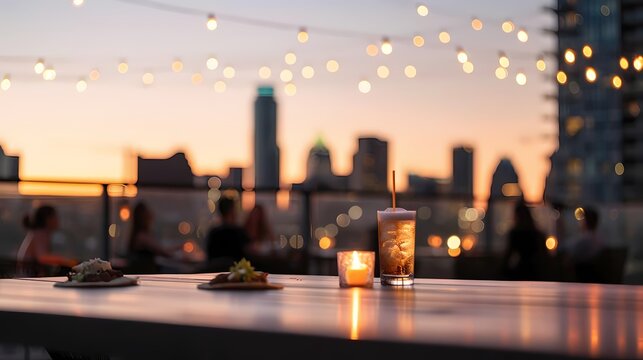 Enjoying cocktails on a rooftop bar with city skyline view at sunset.  Relaxing urban lifestyle concept.