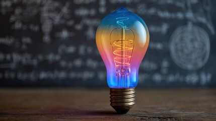 A colorful light bulb glows on a wooden surface, with mathematical formulas written on a chalkboard in the background.