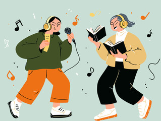 Harmonious Learning: An illustration showcases a girl engrossed in karaoke while a woman passionately sings from a book, creating a whimsical blend of music and literature.