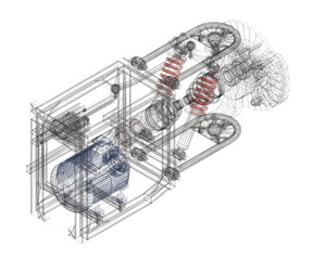 A close up of a car with a blue engine and red springs. The car is designed to be sleek and aerodynamic, with a focus on performance and efficiency
