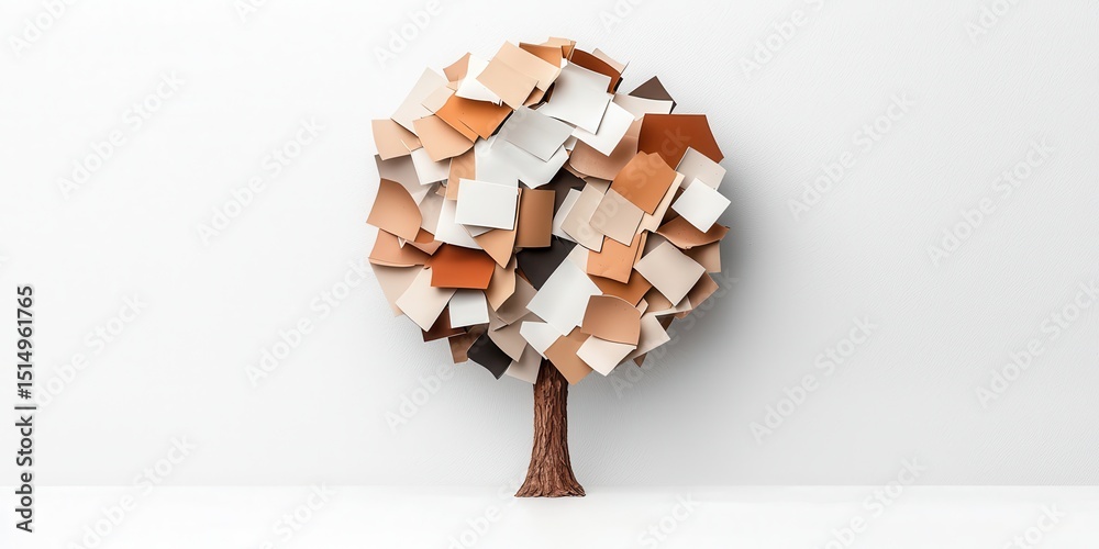 Poster A creative tree made from layered, multi-colored paper squares forms a unique and artistic display against a white background.
