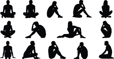 Vector silhouettes of seated people in contemplative and relaxed poses, perfect for lifestyle, meditation, yoga, and creative design artwork