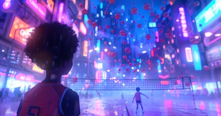 Futuristic Cityscape, Child Witnessing Falling Objects in Neon Lit Streets.  Concept of technology, urban life, and wonder.