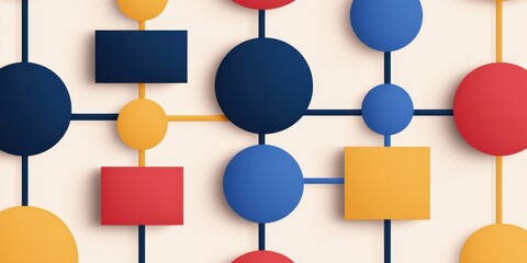 A colorful abstract network of interconnected circles and rectangles in red, blue, and yellow on a light background.