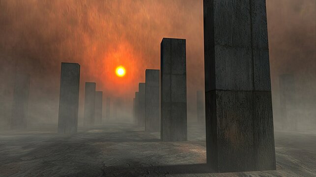 Massive rectangular pillars in a misty landscape at sunset.