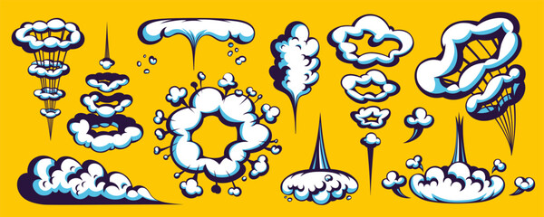 Cartoon comic cloud explosion set with bold outlines, motion trails, and smoke puffs on yellow background. Comic explosion elements for dynamic cartoon motion. Ideal for posters, games, designs