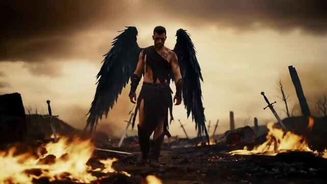 Two dark angels standing in burning battlefield