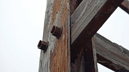 Close-up of weathered wooden beams joined with metal fasteners.