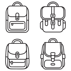 Outline Backpack and school Bag Illustrations, Different Styles of Backpacks Icon Set, 