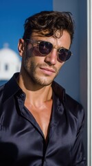 Fototapeta premium Handsome man wearing sunglasses and a black shirt posing in santorini, greece