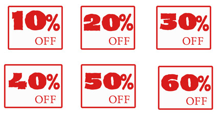 Six red sale tag icons are displayed. The tags have offer amounts from 10 to 60 percent off.
