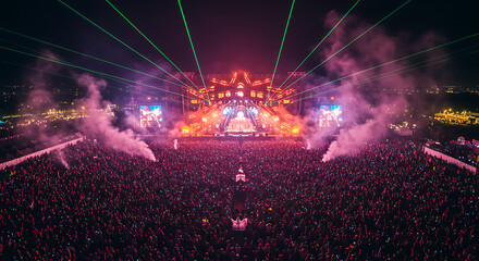 Epic Night at Massive Outdoor Music Festival Concert Stage, Crowd, Lights