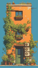 高層ビルに挟まれた細い路地裏。都市の喧騒と静寂が混在する情景のイラスト。