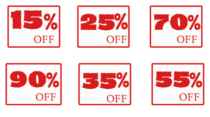 Six red sale tag icons are displayed. The tags have offer amounts from 15 to 90 percent off.

