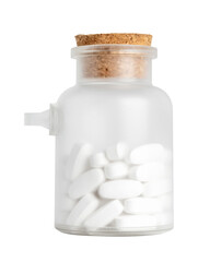 Transparent Frosted glass jar with cork lid filled with white oval tablets isolated on Transparent background