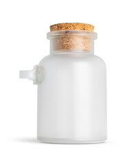 Empty transparent frosted glass jar with cork lid isolated on white background for packaging or product mockup