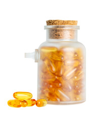 Frosted glass jar with cork lid filled with fish oil capsules and some outside on transparent background