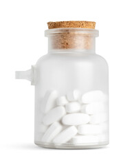 Transparent Frosted glass jar with cork lid filled with white oval tablets isolated on white background