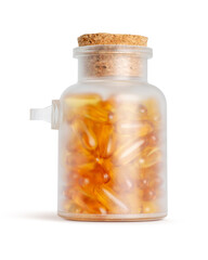 Transparent frosted glass jar with cork lid filled with fish oil capsules on white background
