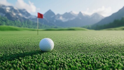 Obraz premium Golf Ball on Green Course with Mountain Background under Blue Sky
