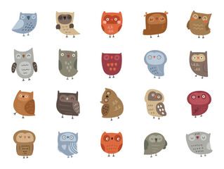 Owl character scandinavian style set created for cute woodland bird designs with feathers, wings, beak and cozy animal illustrations in kids themed projects