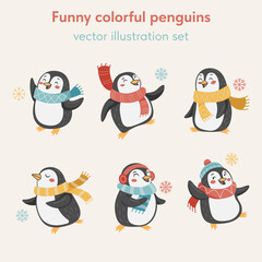 Funny colorful Penguins. Vector illustration set.