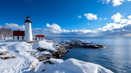 Nubble Lighthouse in Winter Snow, Cape Neddick, Maine