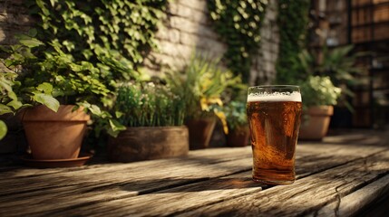 Beer on a wooden table surrounded by ivy-covered walls and potted plants