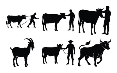 This farm animals collection features vector silhouettes of various domestic creatures including horses, cows, goats, sheep, pigs, chickens, dogs, and cats