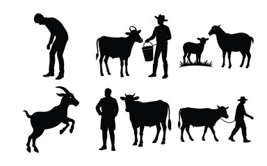 Dynamic vector silhouettes of various running farm and wild animals including horses, dogs, cats, and elephants