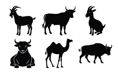 A vector silhouette collection of diverse wild and farm animals, including deer, horses, elephants, and giraffes