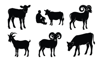A striking vector collection of black wild and farm animal silhouettes, including horses, cows, deer, and elephants, perfect for diverse illustrations