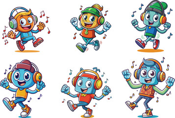 Fototapeta premium cartoon character dancing and listening to music set vector illustration