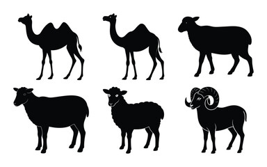 Farm animal silhouettes with cow goat and bull in black vector style