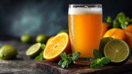 Close-up of beer with fresh citrus and mint on rustic background