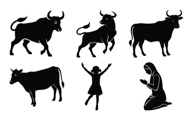 Farm animal silhouettes with cow goat and bull in black vector style
