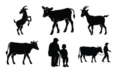 Farm animal silhouettes with cow goat and bull in black vector style