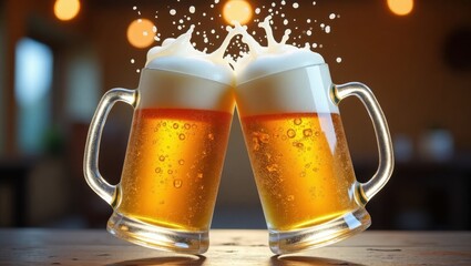 Brindis entre dos jarras de cerveza heladas